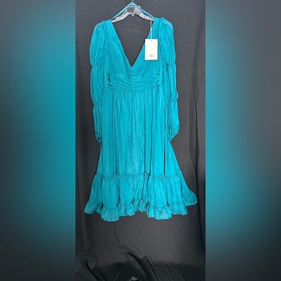 Mac Duggal 68254 NWT Teal Chiffon Ruched Tiered Puff Sleeve A Line Dress - Picture 4 of 6